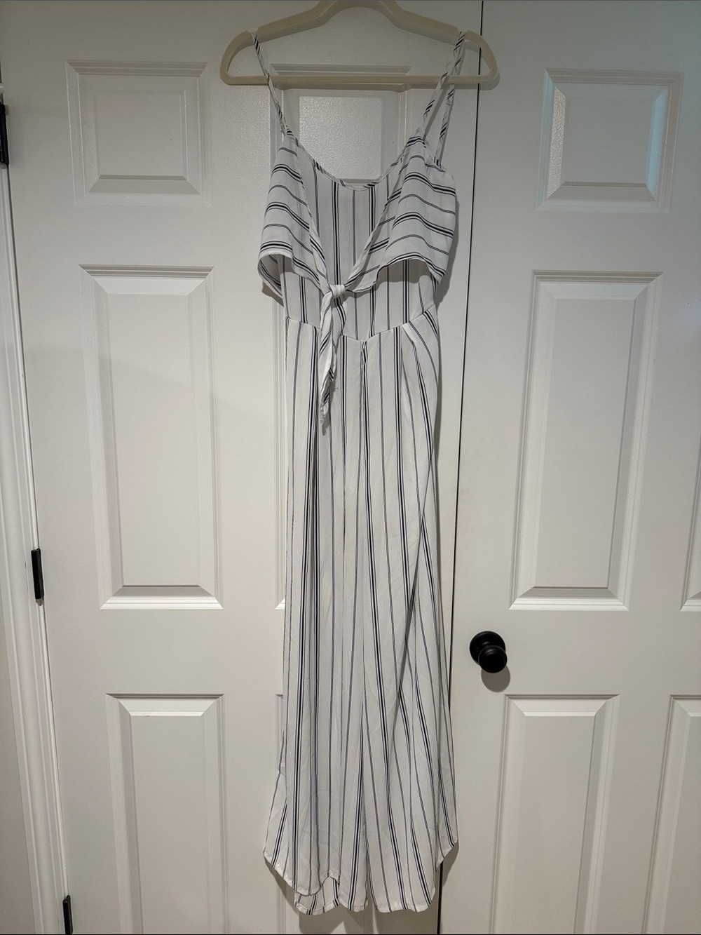 Love Tree White with Navy Stripes and Front Tie Pantsuit